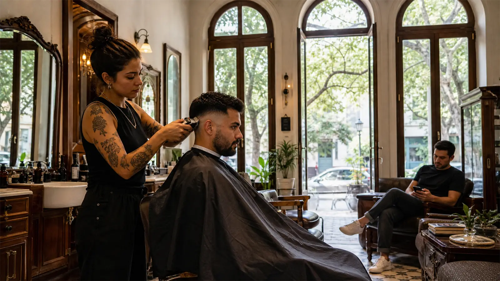 A barber gives a client a fade in a barbershop set in a restored townhouse with tall arched windows onto a tree-lined avenue, another client waiting with his phone
