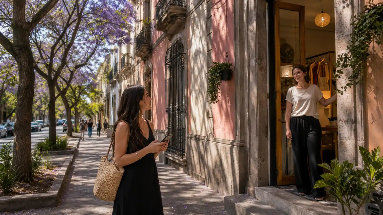 A woman looks up from her phone toward a boutique on a jacaranda-lined street of old townhouses, the owner welcoming her from the doorway