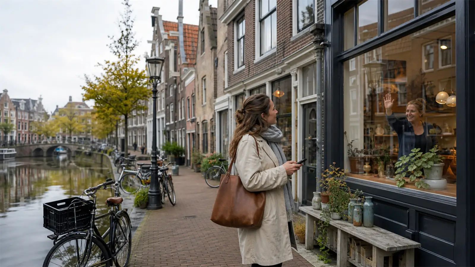 A woman looks up from her phone toward a small shop on a canal street of brick gabled houses and parked bicycles, the owner waving through the window