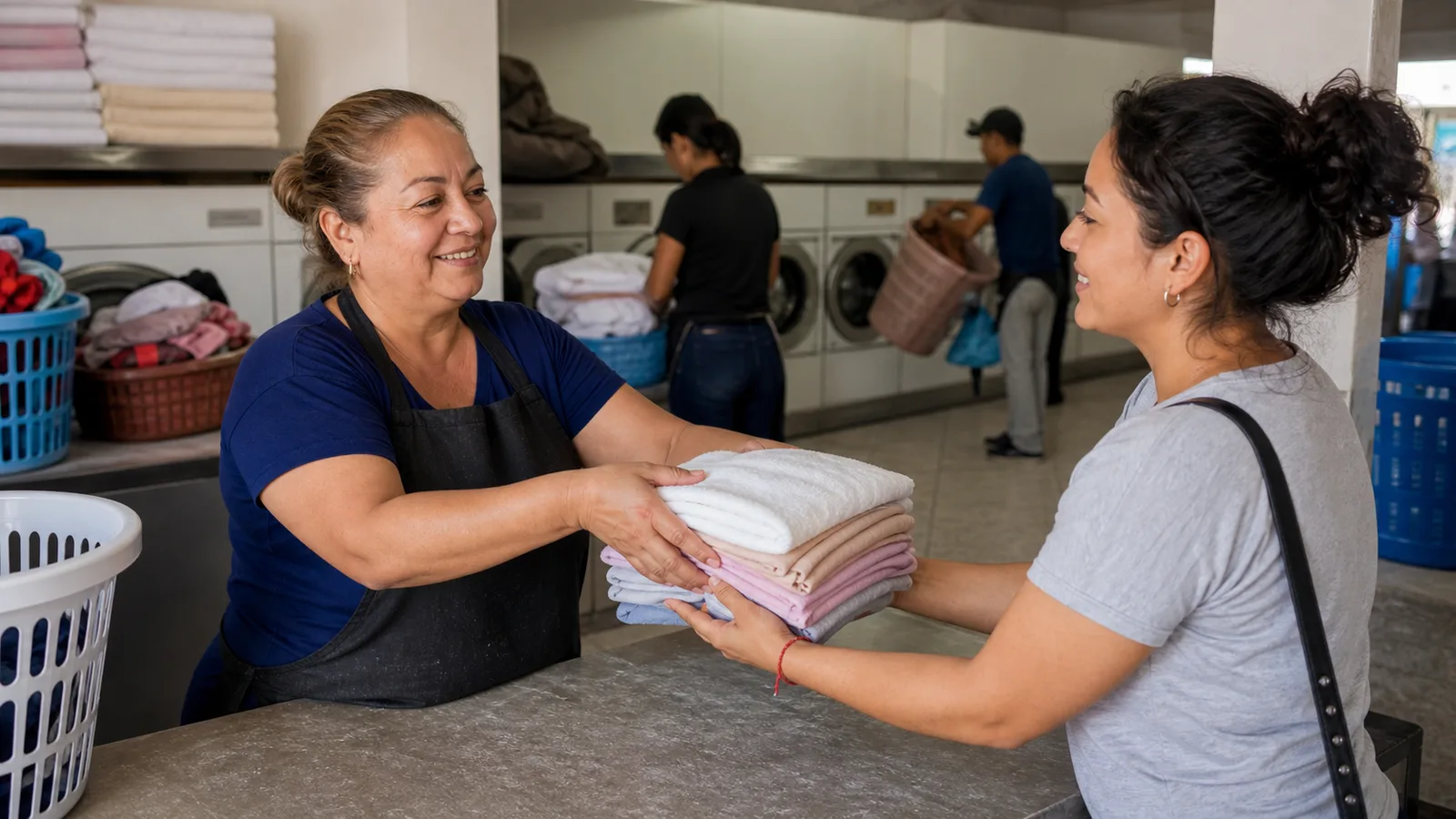 Inside a busy neighbourhood laundry, the owner hands a folded bundle across the counter to a local customer, rows of washing machines behind