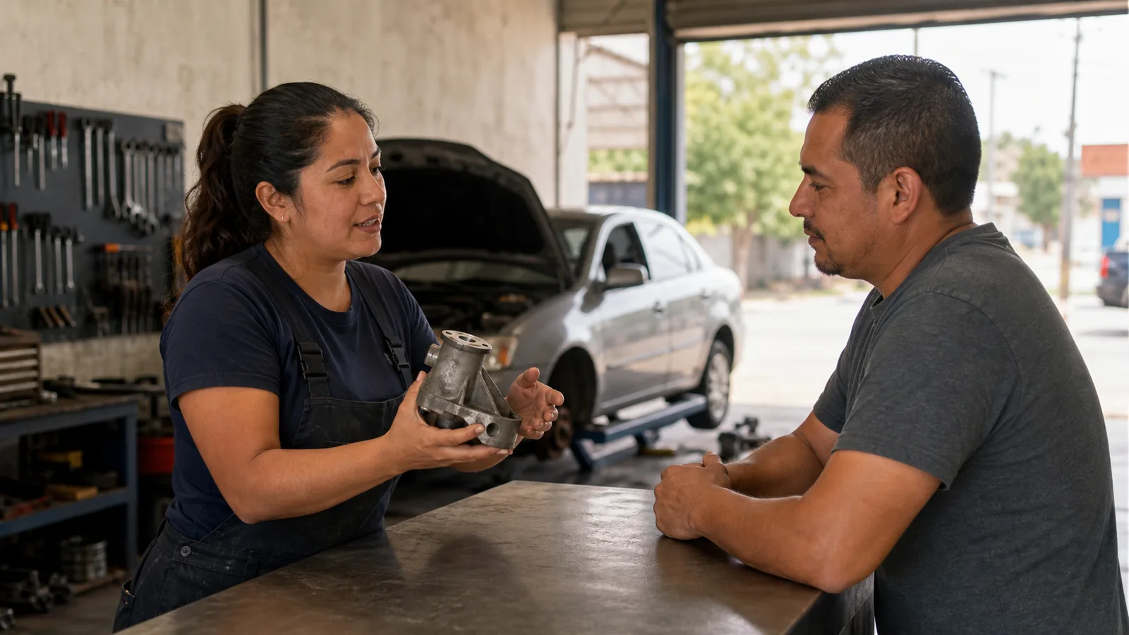A mechanic at the counter of a small workshop shows a part to a customer who is listening, the open workshop bay and a vehicle on a lift behind her
