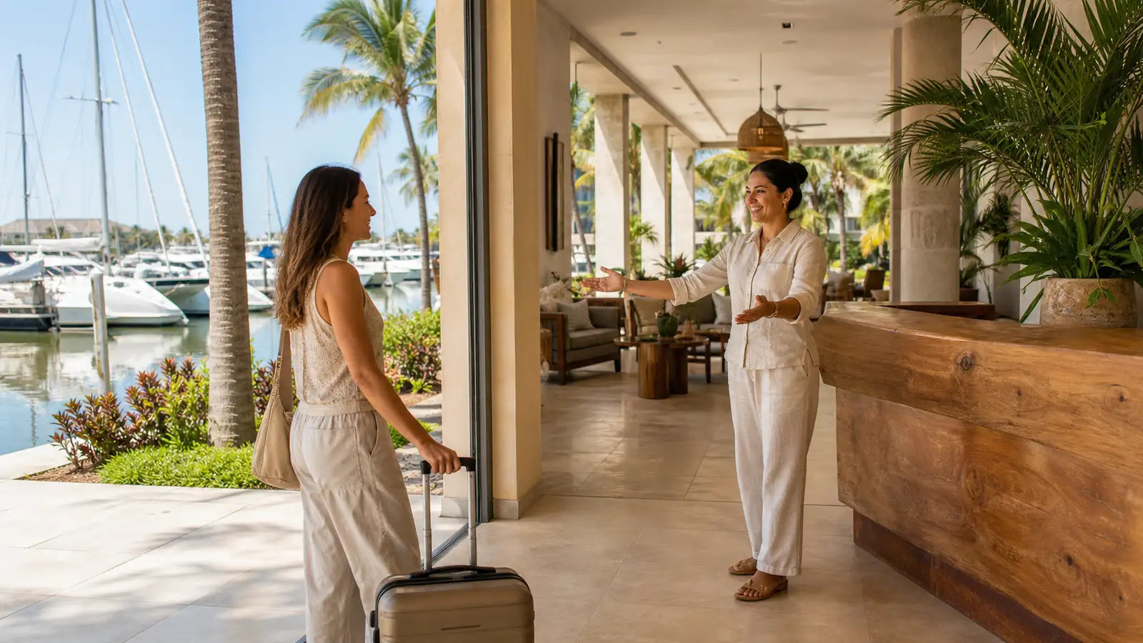 A guest arriving with a suitcase is welcomed by a host at the open-air lobby of a small independent hotel beside a marina, palms and contemporary architecture
