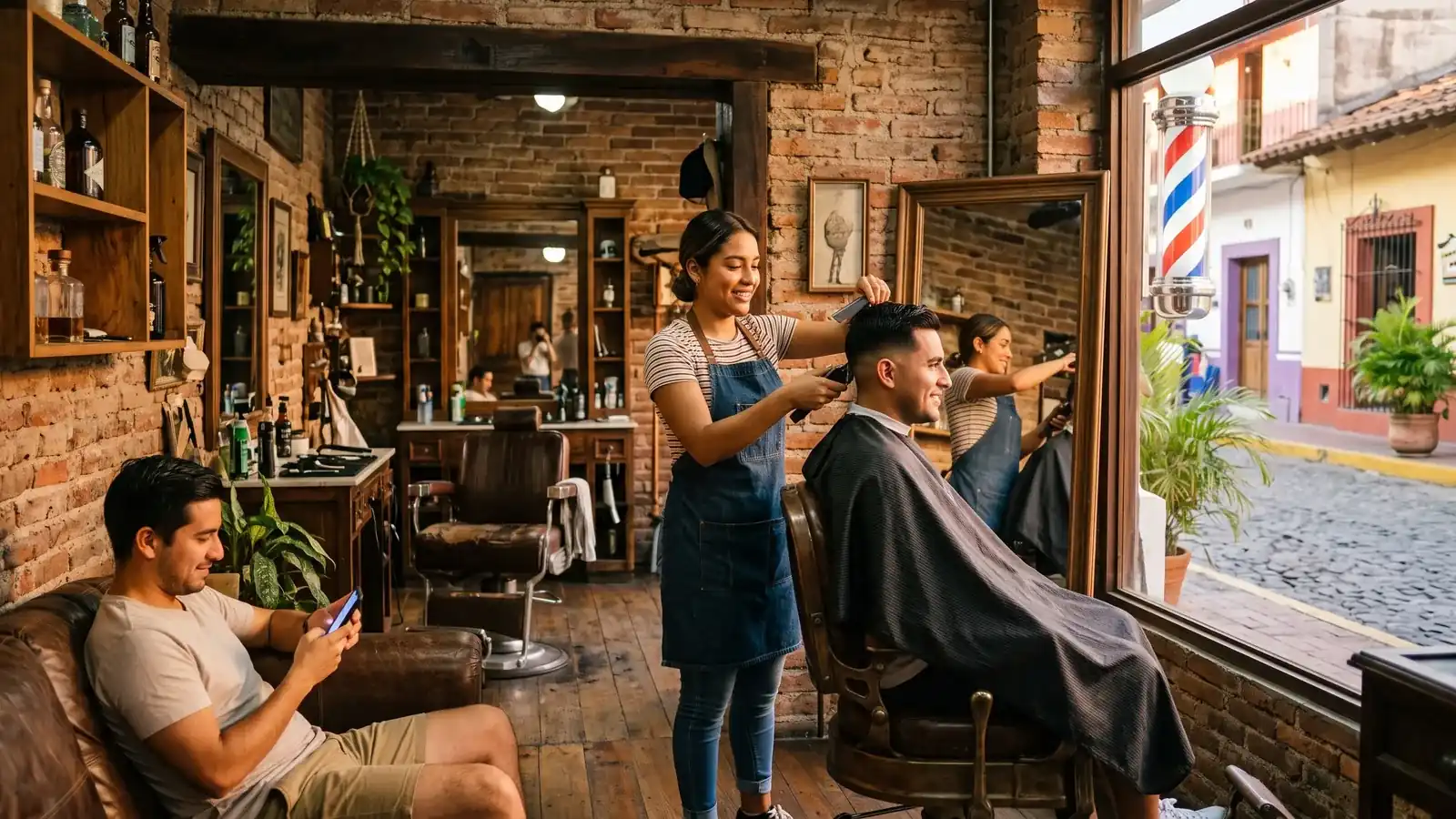 A barber gives a client a cut in a brick-walled barbershop, another client waiting with his phone, a cobblestone street and barber pole visible through the window