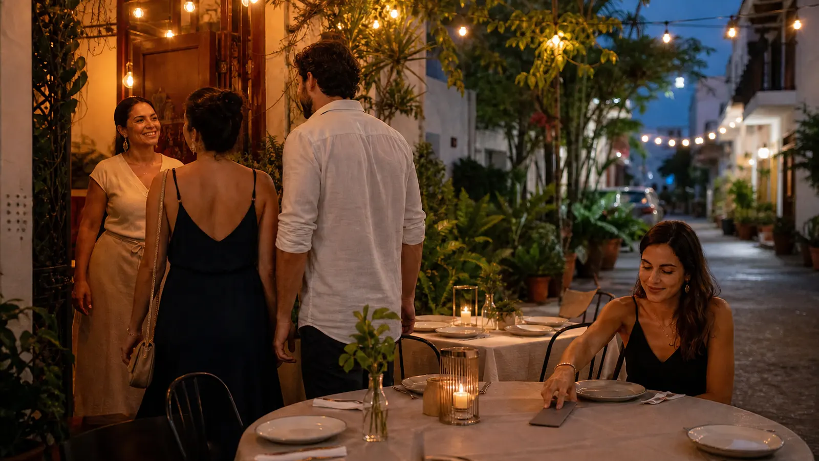 A host welcomes two guests to a candlelit table on a restaurant terrace strung with lights on a leafy street at dusk, another diner already seated