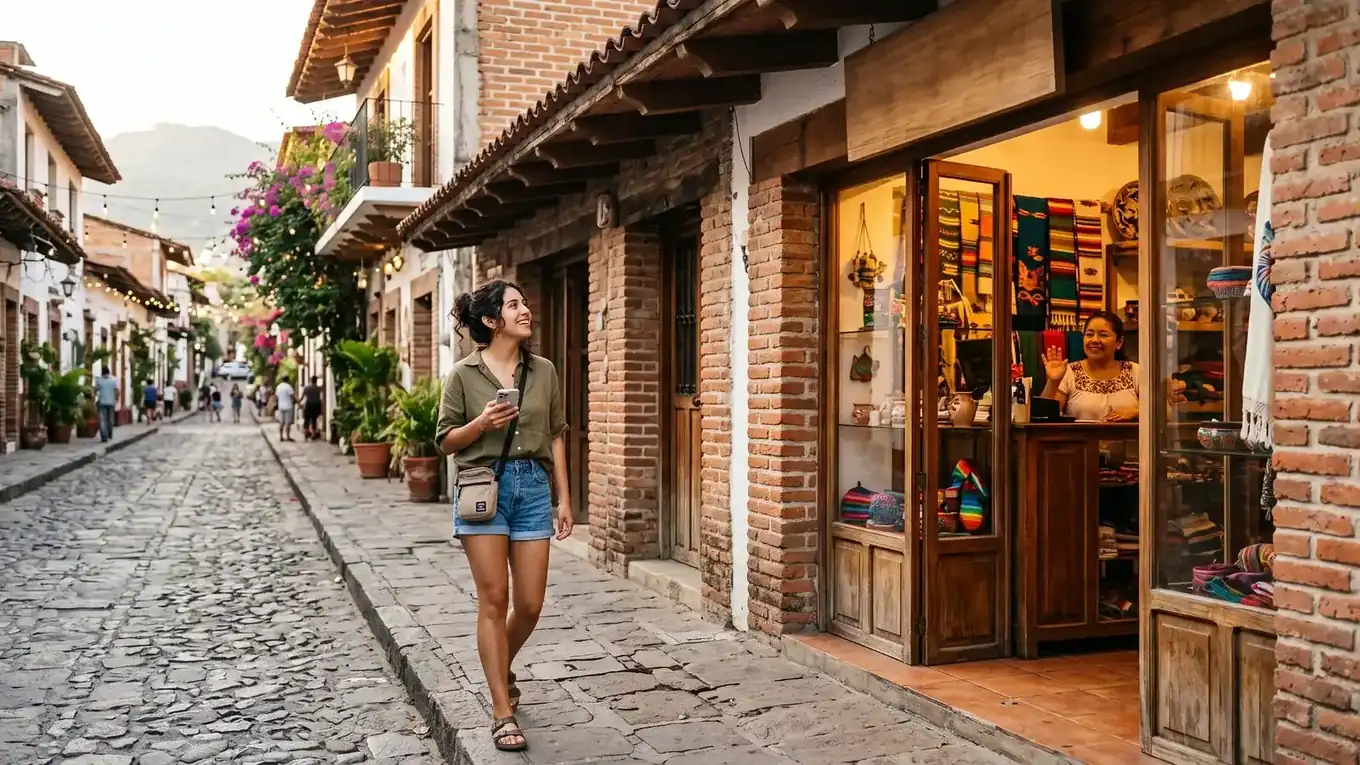 A visitor looks up from her phone toward an artisan shop on a cobblestone street with bougainvillea, the owner waving from behind the counter
