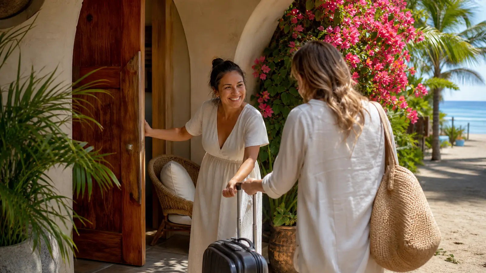 A guest with a suitcase is welcomed by the owner at the shaded open-air entrance of a small independent hotel near the beach, bougainvillea and palms around them