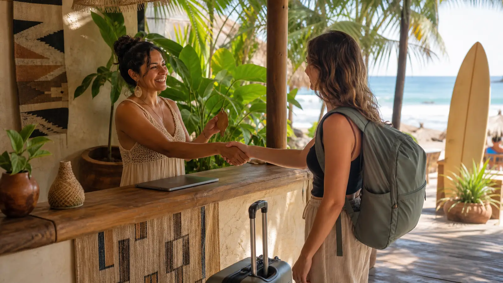 A guest with a backpack and small suitcase is welcomed by the owner at the open-air reception of a small surf hotel with plants, woven textiles and wood