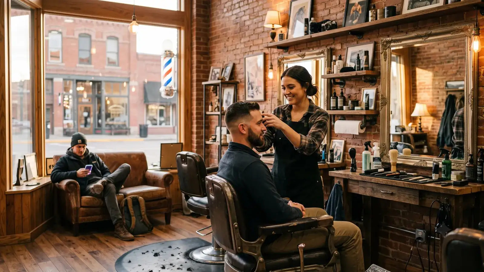 A barber gives a client a fade in a warm brick-walled barbershop while another client waits with his phone, a barber pole visible through the window