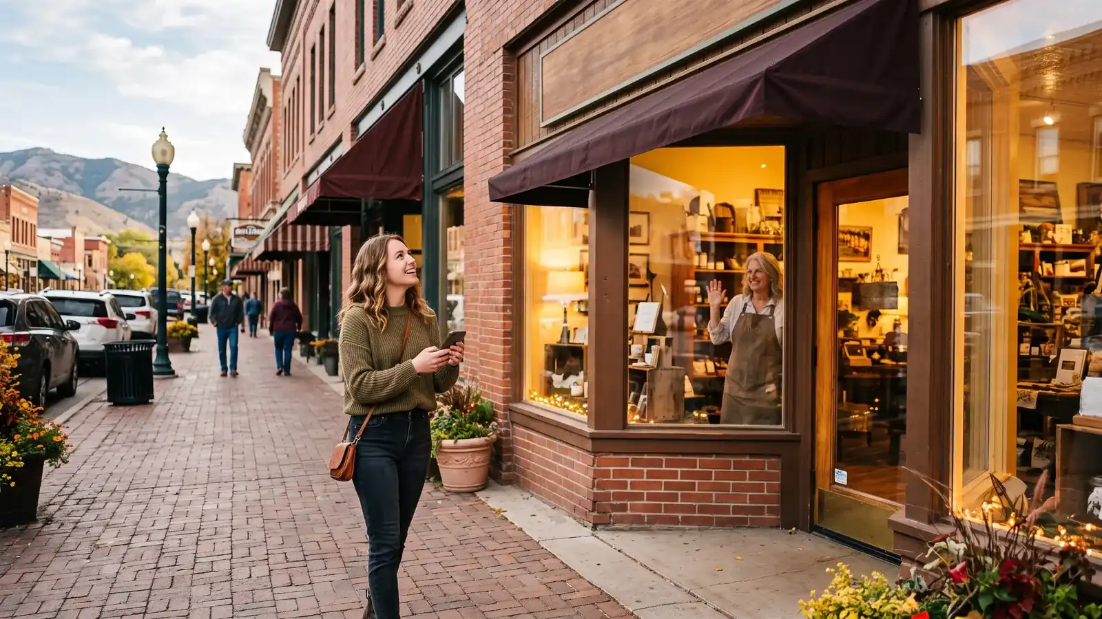 A customer looks up from her phone toward a small storefront on a historic brick main street, the shop owner waving from inside