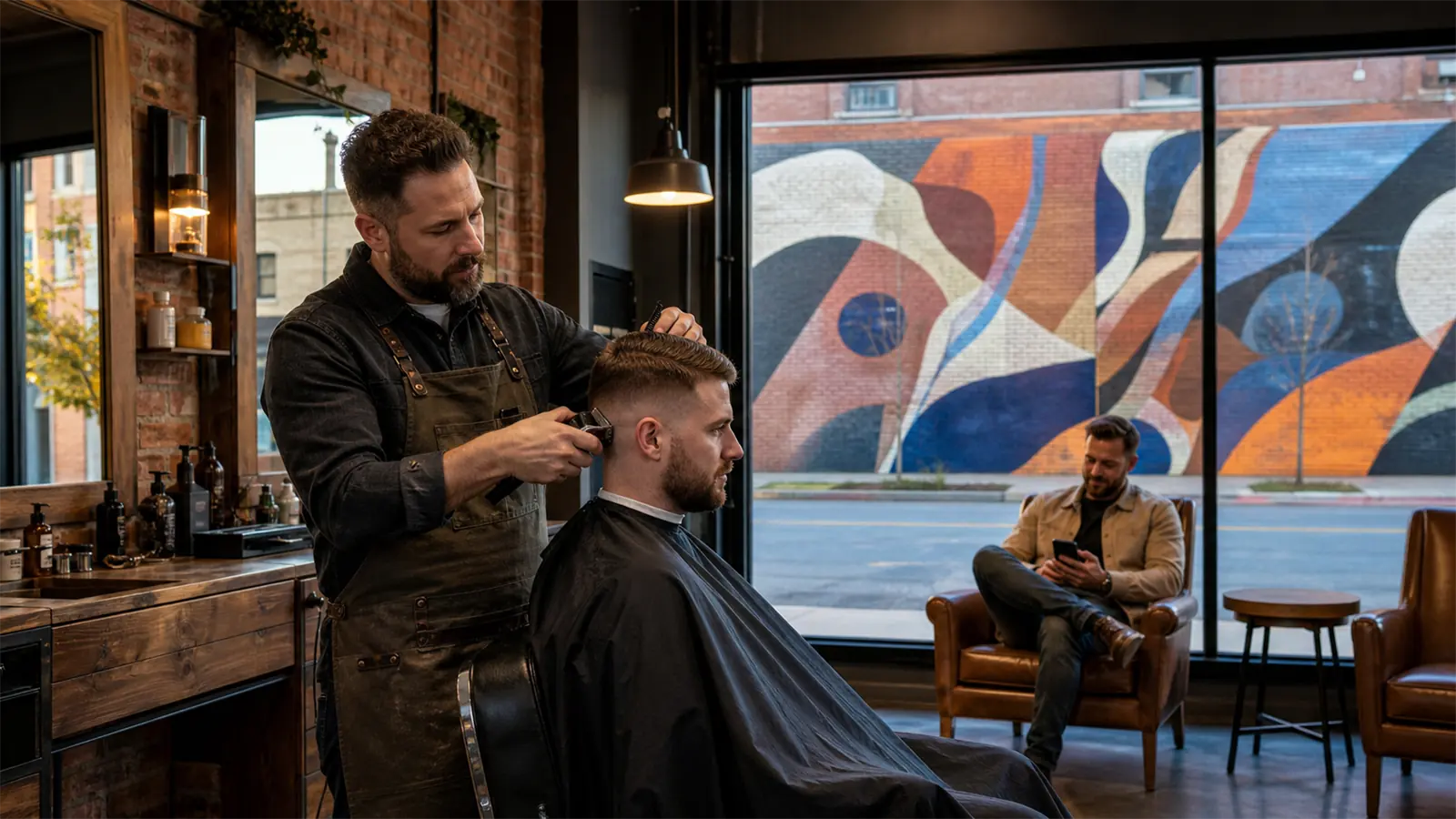 A barber gives a client a fade in a brick barbershop with a big window onto a street mural, another client waiting with his phone