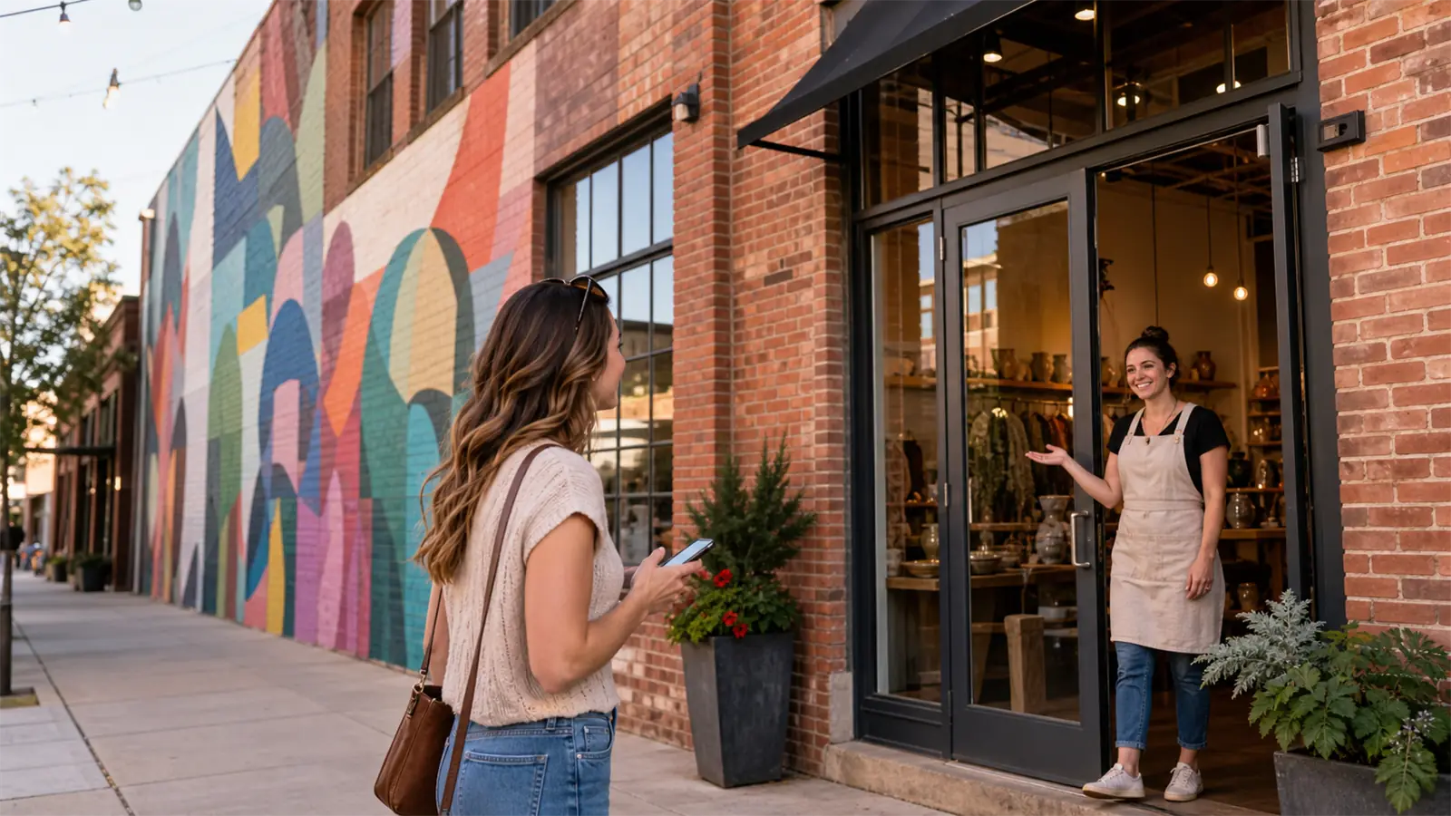 A woman looks up from her phone toward a shop in a red-brick warehouse district, a large abstract mural on the wall beside her and the owner welcoming her from the doorway