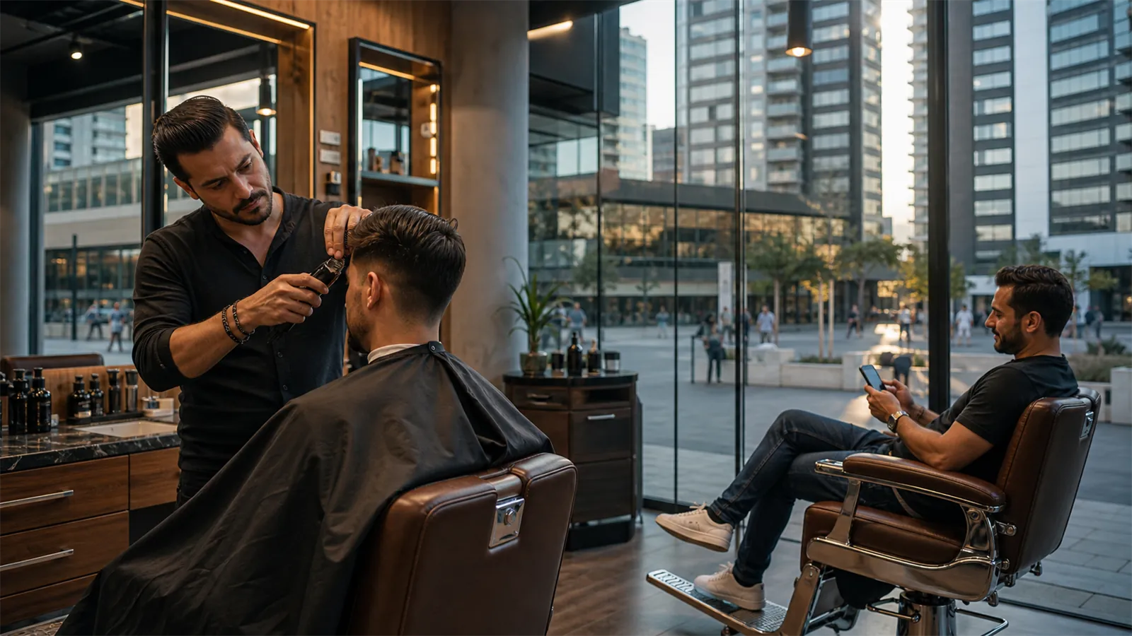 A barber cuts a client's hair in a contemporary barbershop with full-height glass onto a plaza of high-rise towers, another client waiting with his phone