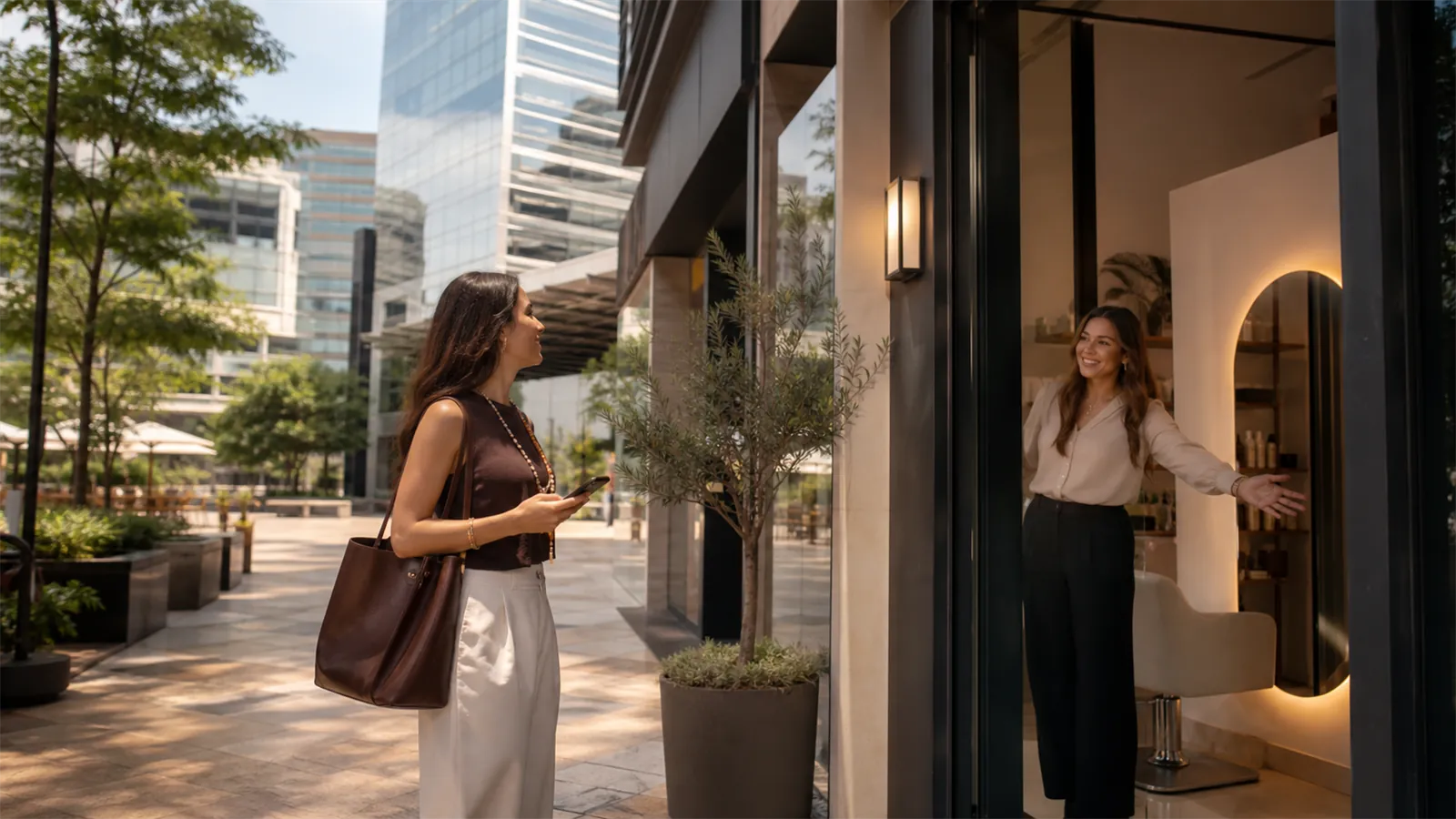 A woman looks up from her phone toward a salon storefront on a modern plaza below glass office towers, the owner welcoming her from inside